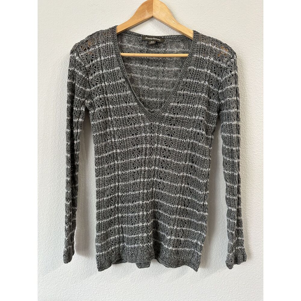 Tommy Bahama Women's Sweater Gray Striped Pointelle Knit V Neck Tunic Linen S